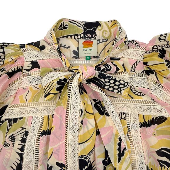 FARM RIO Vintage Forest Lace Trim Tie Neck Blouse M - Picture 5 of 12